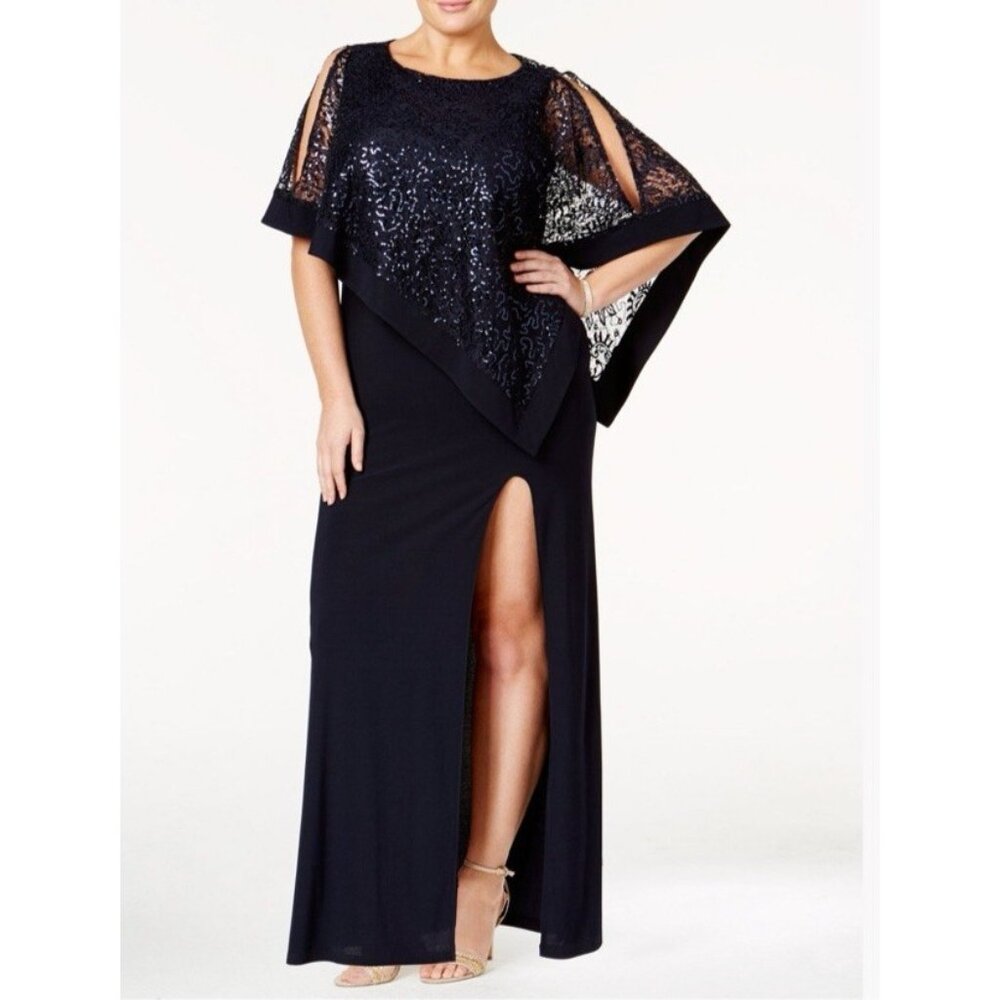 R & M Richards Cape Dress 20W Long Shimmer Lace Jersey Cruise Wedding Party NEW